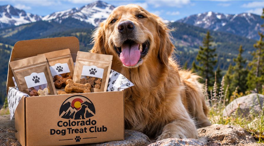 A golden retriever lying beside an open Colorado Dog Treat Club box in the mountains